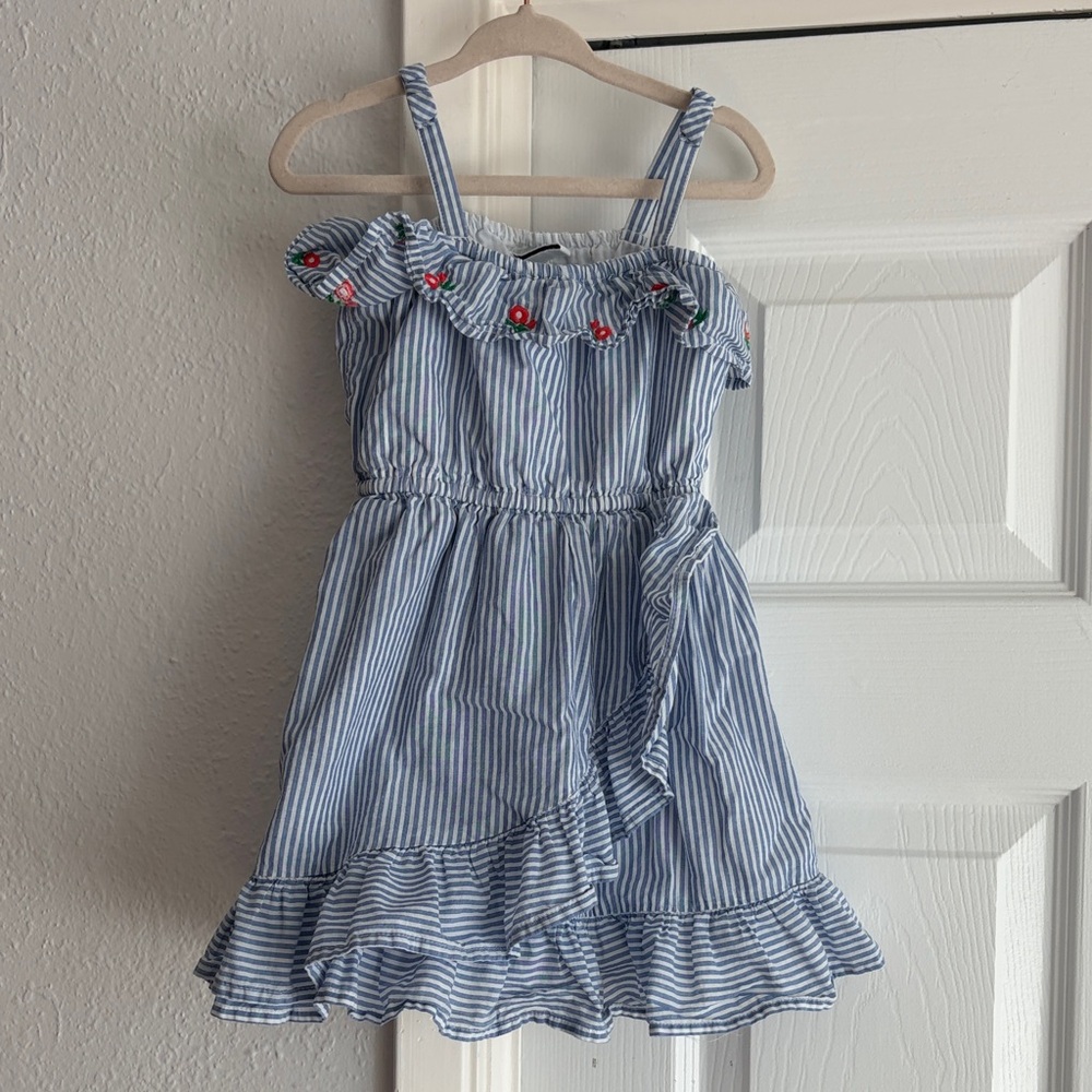 Janie and Jack Blue & White Striped Ruffle Sundress Floral Embroidered